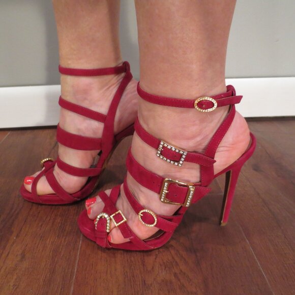 TABITHA SIMMONS Red Suede High Heel Buckle Design Sandals - Picture 5 of 14